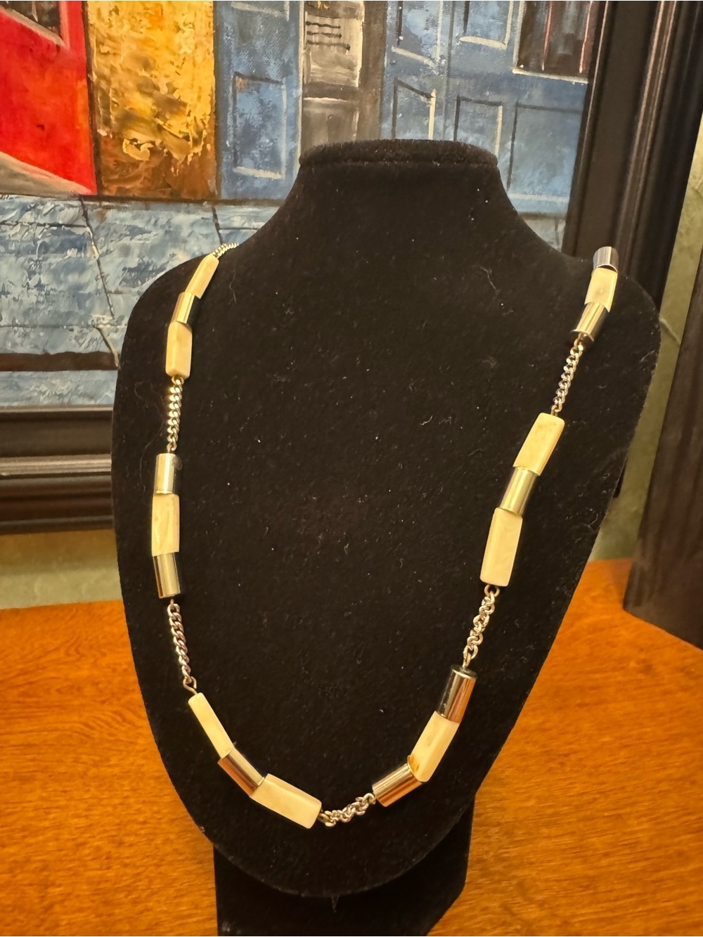 Two-Tone Cream and Silver Tube Link Necklace